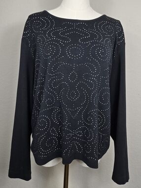 Chico's Embellished Black Cotton Blend Long Sleeve Top Like New Size 3 (L-XL)